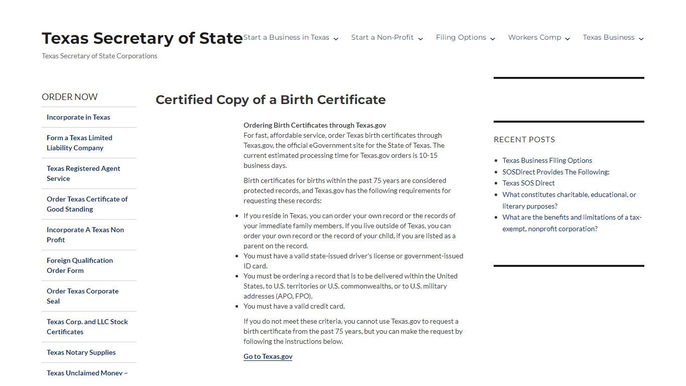 Certified Copy of a Birth Certificate - Texas Secretary of State